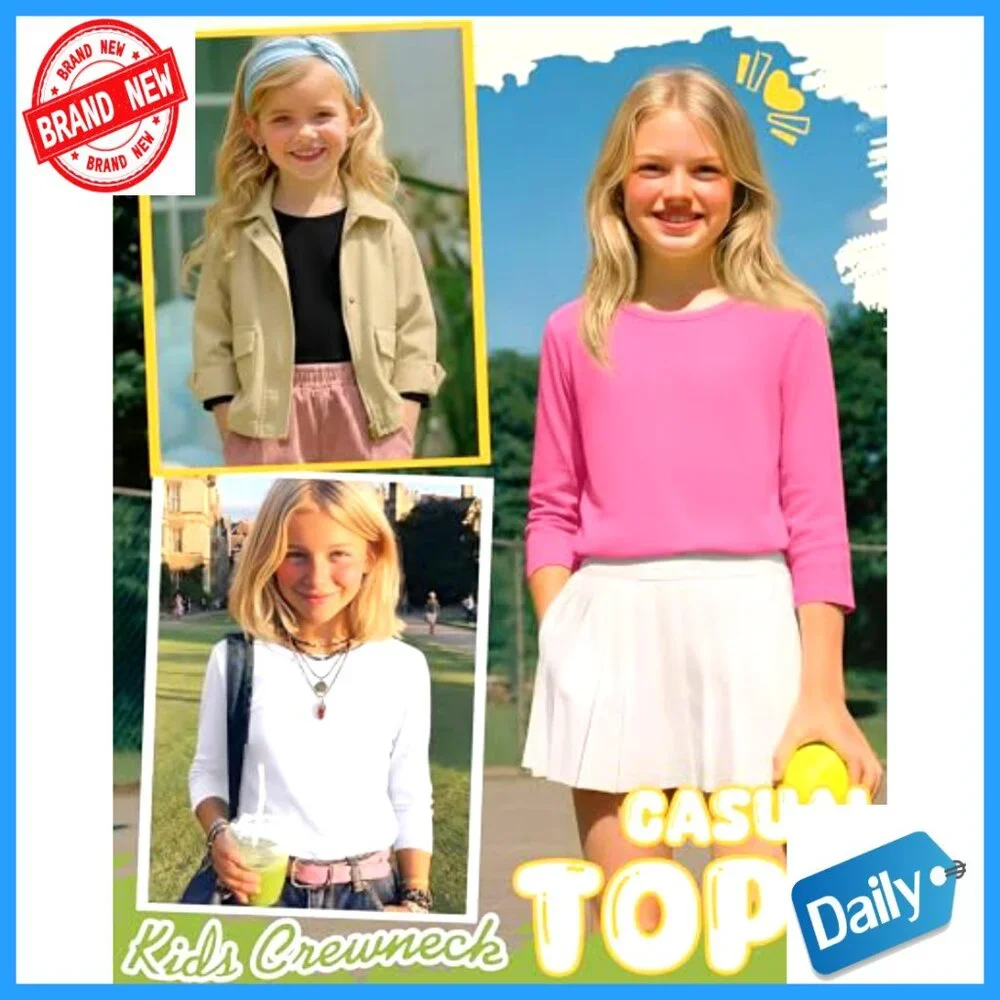 4 Pack Girls 3/4 Sleeve Tees Crewneck Basic Tops 5-14Y